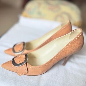 Prada Tan Heels with Pointed Toe and Decorative Buckle